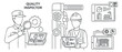 © Yana - A quality inspector conducting inspections with tools and technology in a clean outline vector style, suitable for industrial and manufacturing contexts