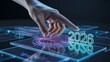 © Marc - A futuristic scene with a hand interacting with a glowing 2026 display.