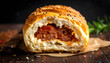 © Bernd Schmidt - Bitten sausage roll pastry snack pig in blanket baked golden crust food meat delicious appetizer savory crusty dough wood appetizer generative AI