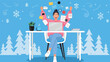 © 爱心 - Happy Woman Multitasking at Laptop with Flying Tasks During Winter Holidays