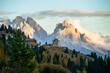 © Liam - Castle on a Hill with a Mountain and Forest surrounding. Prato Piazza Fort in Dolomites Italy in autumn fall - clouds at sunset - mountainous