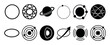 © Vladislav - Set of twelve minimalist black icons depicting scientific and cosmic themes like planets, atoms, solar systems, and orbital paths, presented as a clean graphic symbol collection