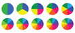 © Xpartprogram - Pie chart color icons. Segment slice sign. Circle section graph. Set of colorful pie charts. Colorful pie charts with varying segments.  Circle chart, circle sections and round donuts chart pieces.