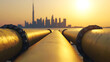 © A2Z AI  - Golden pipelines stretching towards a modern cityscape at sunset, symbolizing infrastructure and connection. A focus on industrial prowess and urban development, on the horizon.