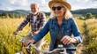 © magdesign - Casal idoso alegre com bicicleta em parque público, juntos, aproveitando um estilo de vida divertido. Atividades perfeitas para pessoas idosas. Casal maduro feliz andando de bicicleta no parque.
