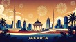 © Mr Kayambo - Stylized illustration of the Jakarta skyline at sunset or twilight with celebratory fireworks, showcasing modern skyscrapers, iconic monuments, and tropical palm trees in a vibrant graphic travel post