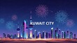 © Mr Kayambo - Vibrant vector illustration of the Kuwait City skyline at night with colorful fireworks exploding over iconic skyscrapers and the famous Kuwait Towers.