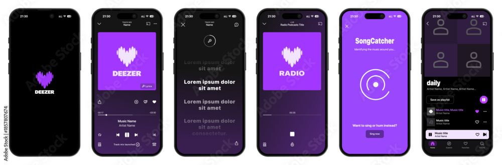 Deezer Music app UI mockup template showing Splash Screen, Music Player ...