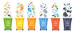 © ssstocker - Waste segregation. Trash sorting, selective collect garbage separating recycling rubbish classification plastic bins containers glass bottle paper organic, neat vector illustration