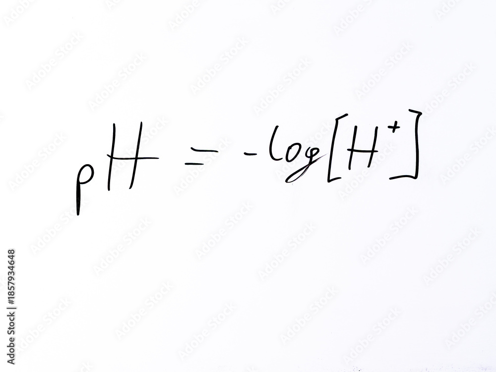 Minimal handwritten formula “pH = –log[H⁺]” defining the pH scale as ...