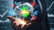 © Ummu - Global currency exchange concept, Closeup Businessman Hand holding virtual earth with dollar, euro, and yen signs, representing international finance, forex trading, and global economy