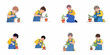 © Muqodimatul - Set of vector illustrations depicting little boys in overalls diligently watering small potted sprouts, symbolizing growth and childhood gardening hobby.