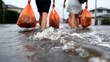 © Jiemjit - urban flood catastrophe, residents carrying bags escaping homes, rapid waters engulfing streets, news documentary perspective