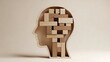 © Amri Grafika - Abstract visualization of a human head silhouette filled with wooden blocks, representing a complex thought process or memory reconstruction