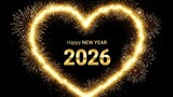 Brilliant golden heart shaped fireworks illuminate the dark night sky surrounding the shiny text wishing everyone a magnificent and prosperous happy new year celebration for the arrival of two thousan