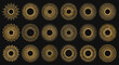 © Barnaby - Extensive collection of eighteen different golden sunburst and mandala designs arranged in a grid against a solid black background.