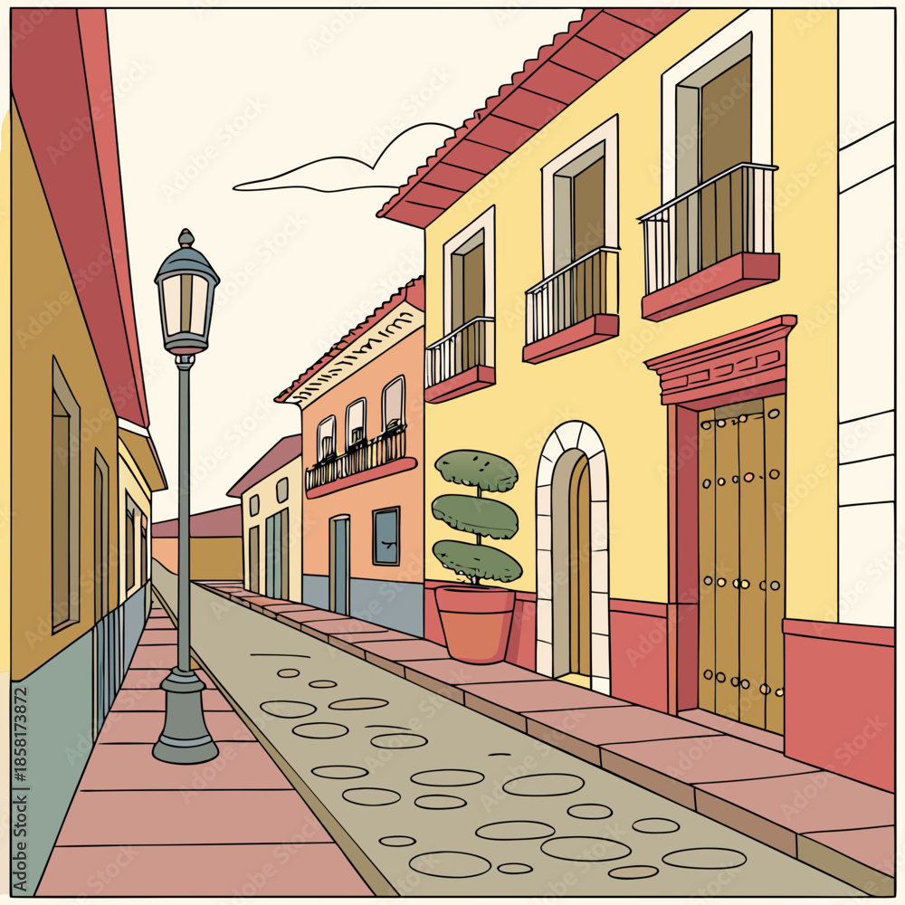 a charming depiction of a quaint european street scene with colorful buildings and a peaceful sunlit atmosphere