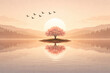 © MdNazmul - Cherry blossom island reflects in tranquil water under a vast sun, birds fly across pastel sky, embodying profound natural peace