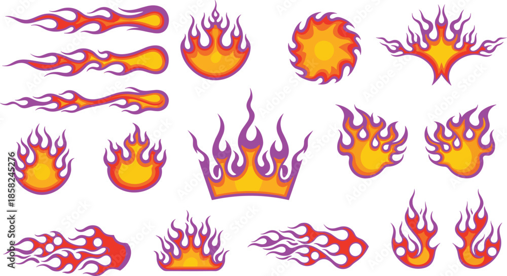 Flame PURPLE icon vector, stylized fire shapes, red orange yellow designs, motion trail effects, tattoo graphic pack, stock illustration.