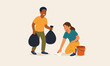 © Evgeniia Blagikh - Flat vector illustration of two people tidying a shared area together. Simple everyday cleaning activity, cooperation and household routine shown in a minimal modern style.
