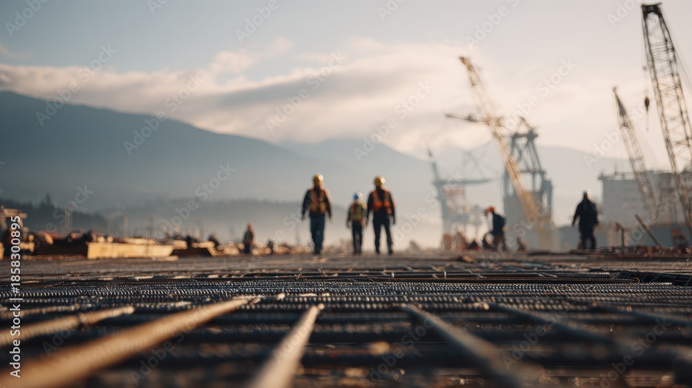 Medium shot capturing longspan ship tunnel construction focusing on workers and concrete framework with the expansive site fading gently out of focus.