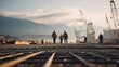 © Justlight - Medium shot capturing longspan ship tunnel construction focusing on workers and concrete framework with the expansive site fading gently out of focus.