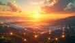 © Thapanon Phoonchai - Vast solar energy networks floating in the sky, abstract sun cores, golden and orange light waves, futuristic sustainable world, clean energy theme, soft cinematic background.