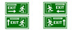 © le - Exit Sign. Fire Exit Sign. A clear green emergency exit sign featuring a white running person icon, the word 'EXIT', and a right-pointing arrow, indicating a safe egress route.
