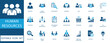 © Pixel Flat Design - Human resources icon set. featuring recruitment, leadership, teamwork, and employee management elements in blue flat style for corporate business and workforce development.