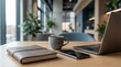 © MODERNARTWatChaRaWit - Productive work environment with laptop coffee and notepad at modern office space indoor setting personal workspace comfortable viewpoint focus on daily productivity