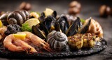 Fresh seafood platter.  A variety of shellfish and crustaceans displayed on a dark stone platter