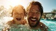 © Larisa AI - A father and his young child share a fun and joyful moment in the pool, surrounded by splashes of water and laughter, capturing the essence of family bonding and happiness.