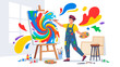 © Bron - Creative artist painting abstract colorful artwork on canvas. Happy painter holding palette and brush in art studio. Imagination and hobby concept. Flat vector illustration design.