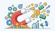 © Cloud - Magnet attracting money coins. Wealth attraction concept. Business marketing strategy. Financial profit. Inbound lead generation. Revenue growth. Flat vector illustration. Success.