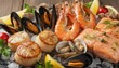 © Amilia - A vibrant, appetizing close-up photograph captures a fresh gourmet seafood platter featuring salmon, large shrimp, and scallops presented on crushed ice on a rustic wooden table.
