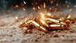 © Larisa AI - An intense visual capturing the explosive moment of golden bullets surrounded by bursts of energy, representing action, urgency, and tension in a dynamic composition.