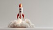 © thenort - A 3D rendered depiction of a cartoon rocket ship taking off from a cloud of smoke against a muted gray background