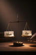 © Anzel Art - Vertical cinematic shot of antique scales balancing career and personal life. Moody lighting with dust particles and books
