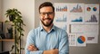 © graphiczone872 - A smiling businessman with glasses and crossed arms stands in front of a wall covered with charts and graphs, representing business success and data analysis