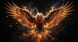 fiery phoenix eagle with wings spread in dramatic lighting and sparks, digital art.