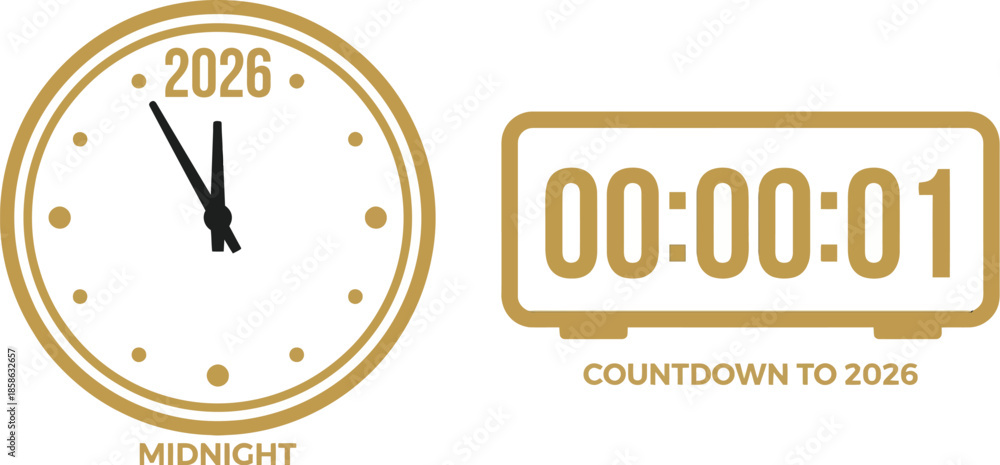 Vector art displays a clock and digital counter with the text 