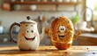 © baa - Cheerful Teapot and Bagel Friends Share a Laugh in a Sunlit Kitchen Morning Scene with Crumbs Scattered on Wooden Countertop