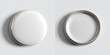 © Adriyanca - Two blank white buttons one front-facing, one rear-facing on a white surface