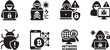 © Mst.Atina - Hacker glyph icon set with cyber attack, hacking, bugs and network scanning symbols. Solid vector EPS.