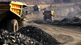 A yellow ore transport truck transports minerals at a mine site. Other trucks can be seen in the background. A large pile of ore sits to the front right of the truck.