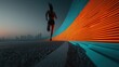 © Orod - Silhouette of runner sprinting past colorful orange and blue digital glitch wall for speed.