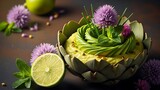Avocado slices in artichoke bowl with flowers and lime on dark surface