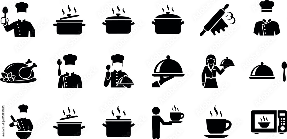 Professional Kitchen Icon Set Featuring Chefs Cooking Catering Service Staff Restaurant Equipment Food Preparation Symbols Microwave Oven Coffee And Steaming Pots