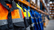 © Maksym - Side view of a rack with work coats and jackets, bright orange, neon yellow, and blue uniforms, reflective stripes aligned, workplace safety clothing store concept