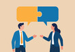 © Hanufa - Communicate solution to solve problem, agreement, teamwork or cooperation, conversation message, meeting or discussion concept, business people communicate with connected jigsaw puzzle speech bubble